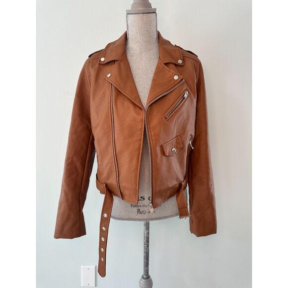 Love Tree Caramel Brown Vegan Leather Moto Biker Jacket size Large - Picture 4 of 9